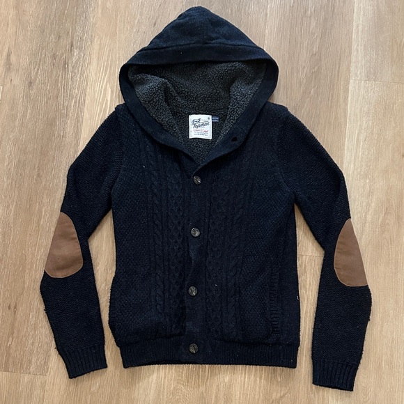 Topman Navy Blue Cardigan Hoodie with Brown Elbow Patches - Picture 1 of 3